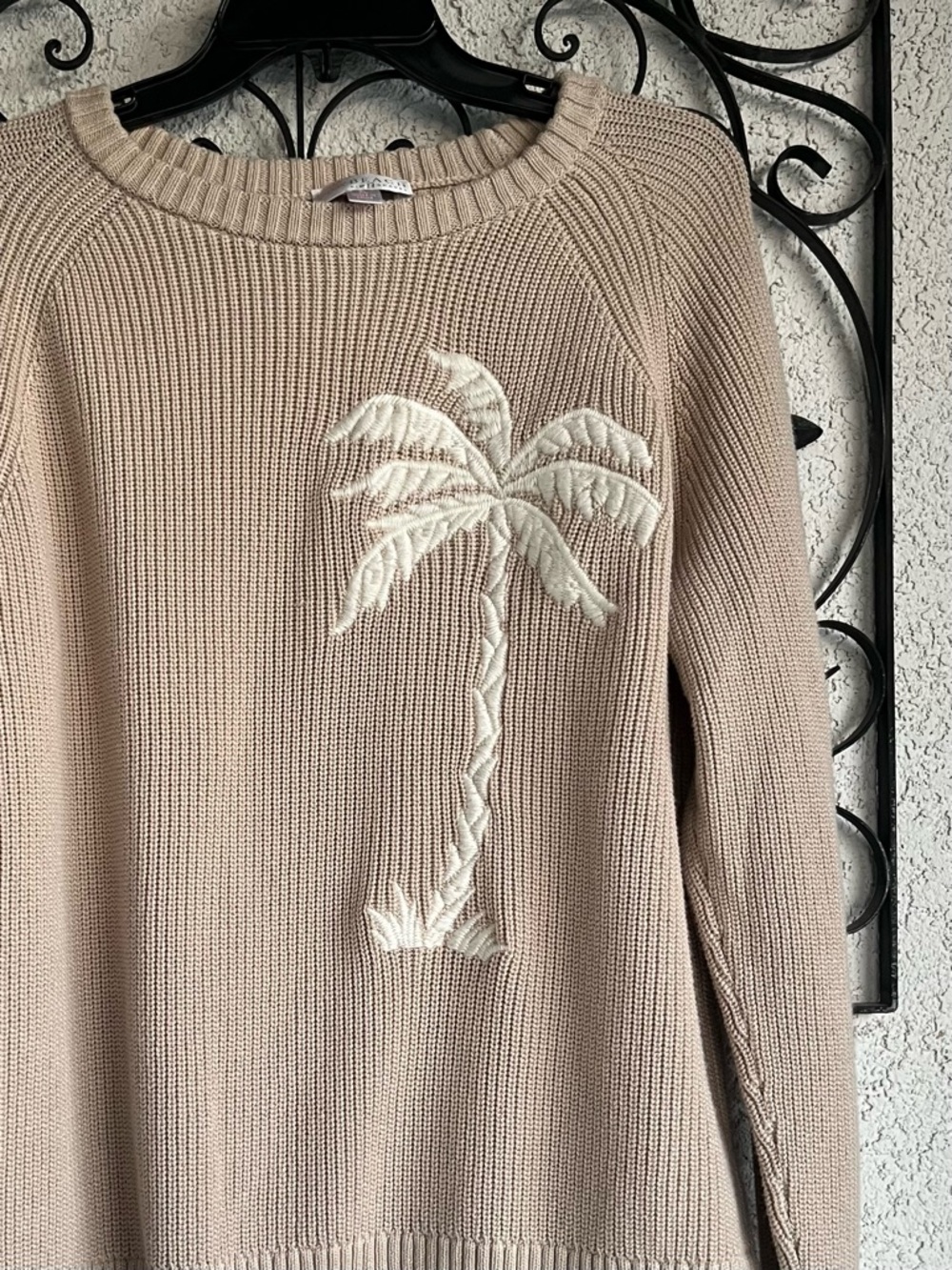 Belle by Kim Gravel Beige Crewneck Sweater with Palm Embroidery - Picture 2 of 7